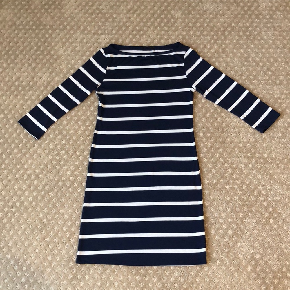 Navy and white striped crewneck dress.